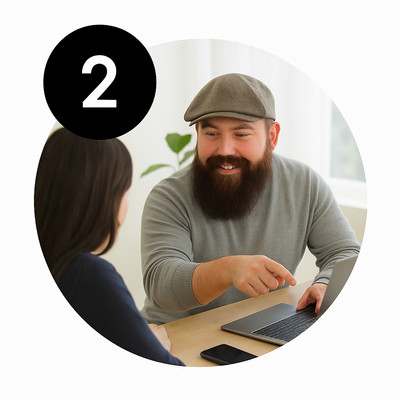 A bearded man wearing a flat cap and gray sweater smiles and gestures toward a laptop while talking to a woman seated across from him. A black circle with the white number “2” is placed in the top left of the circular image.